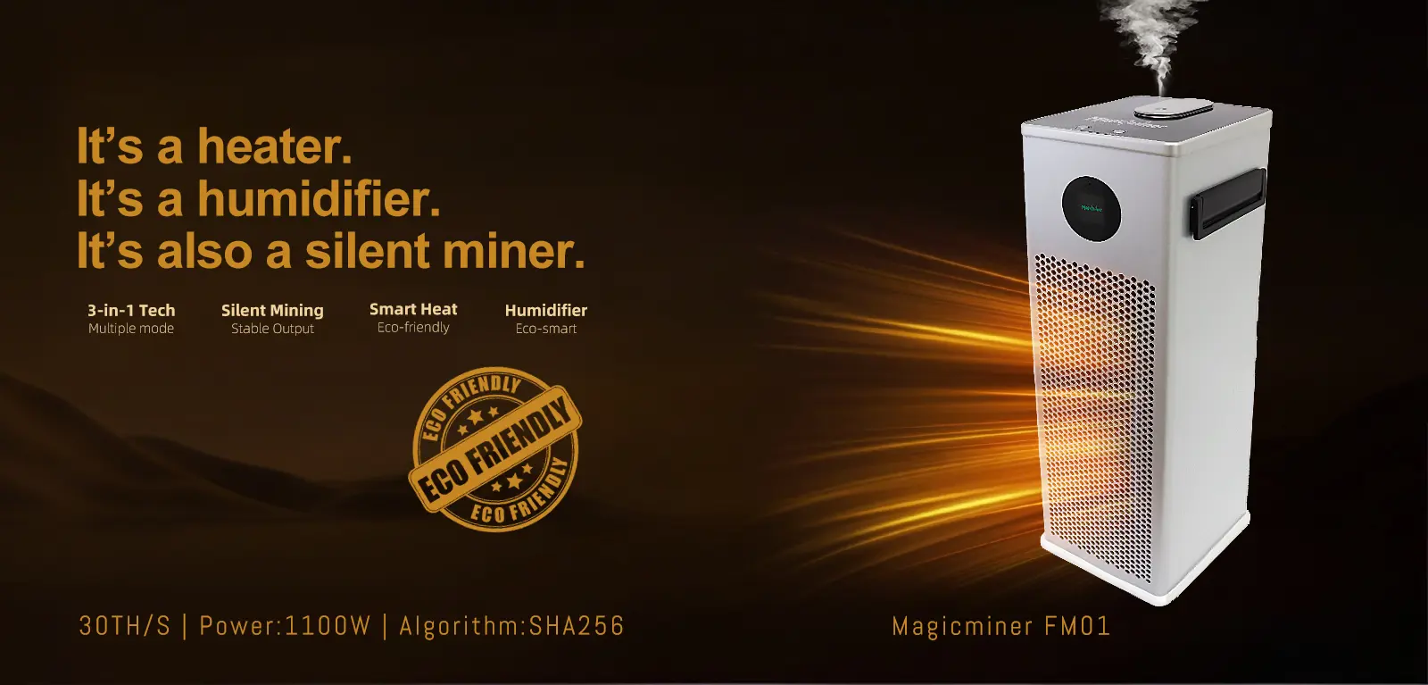 Magicminer FM01 device showing the heater, humidifier, and mining functions